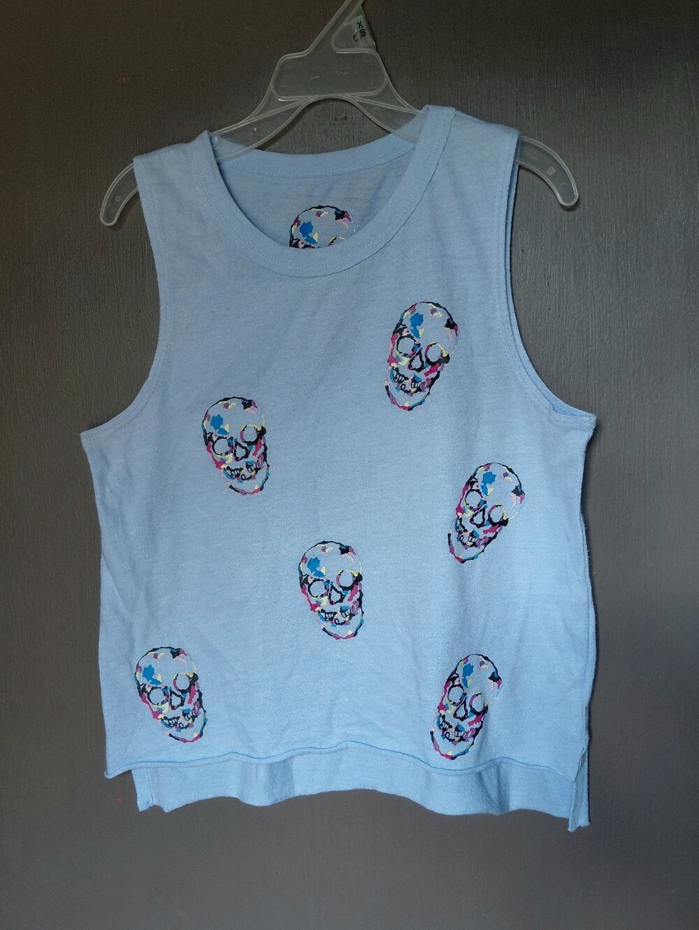 Light Blue Muscle Tank with Multicolor Skull Graphics